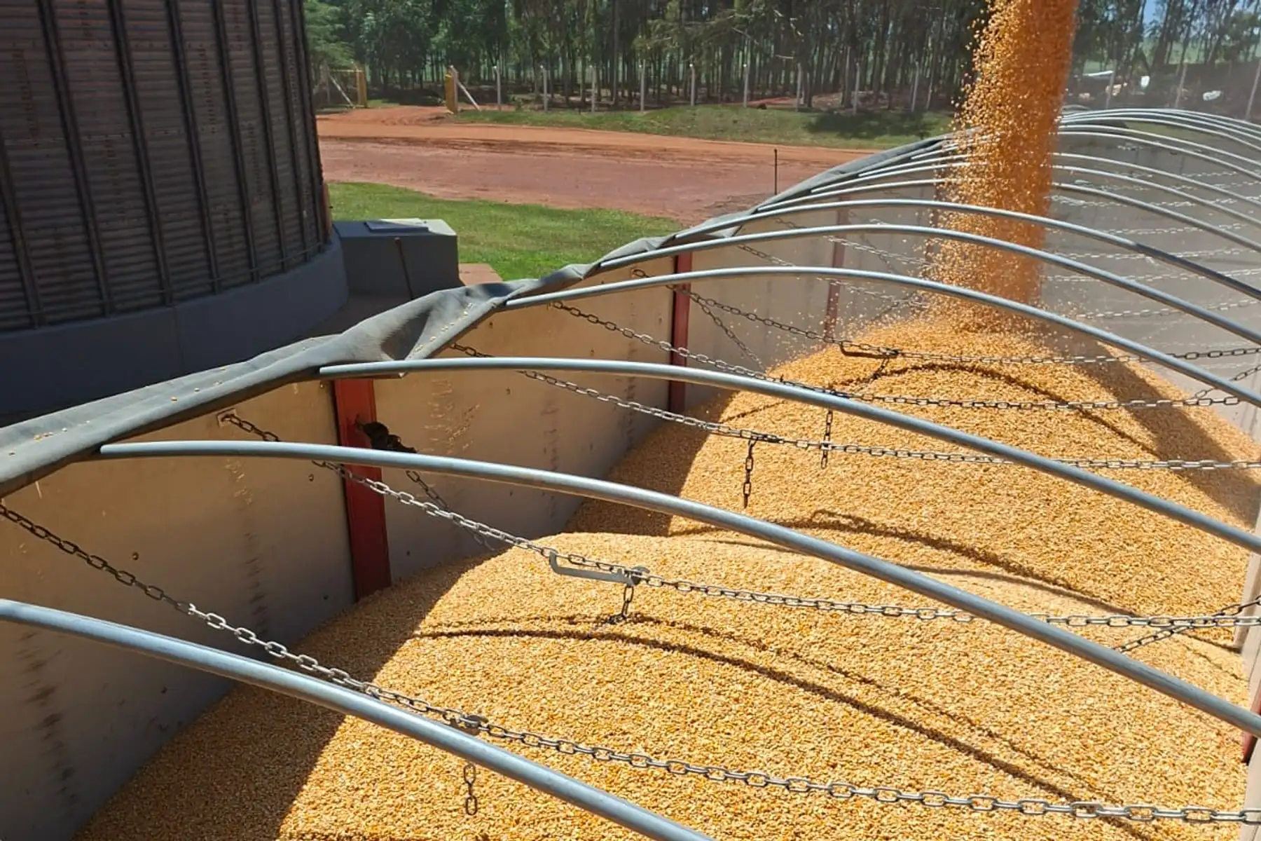 Carreta graneleira da operação da WPG sendo carregada de milho pela bica, com silo ao fundo e estrada de terra vermelha.